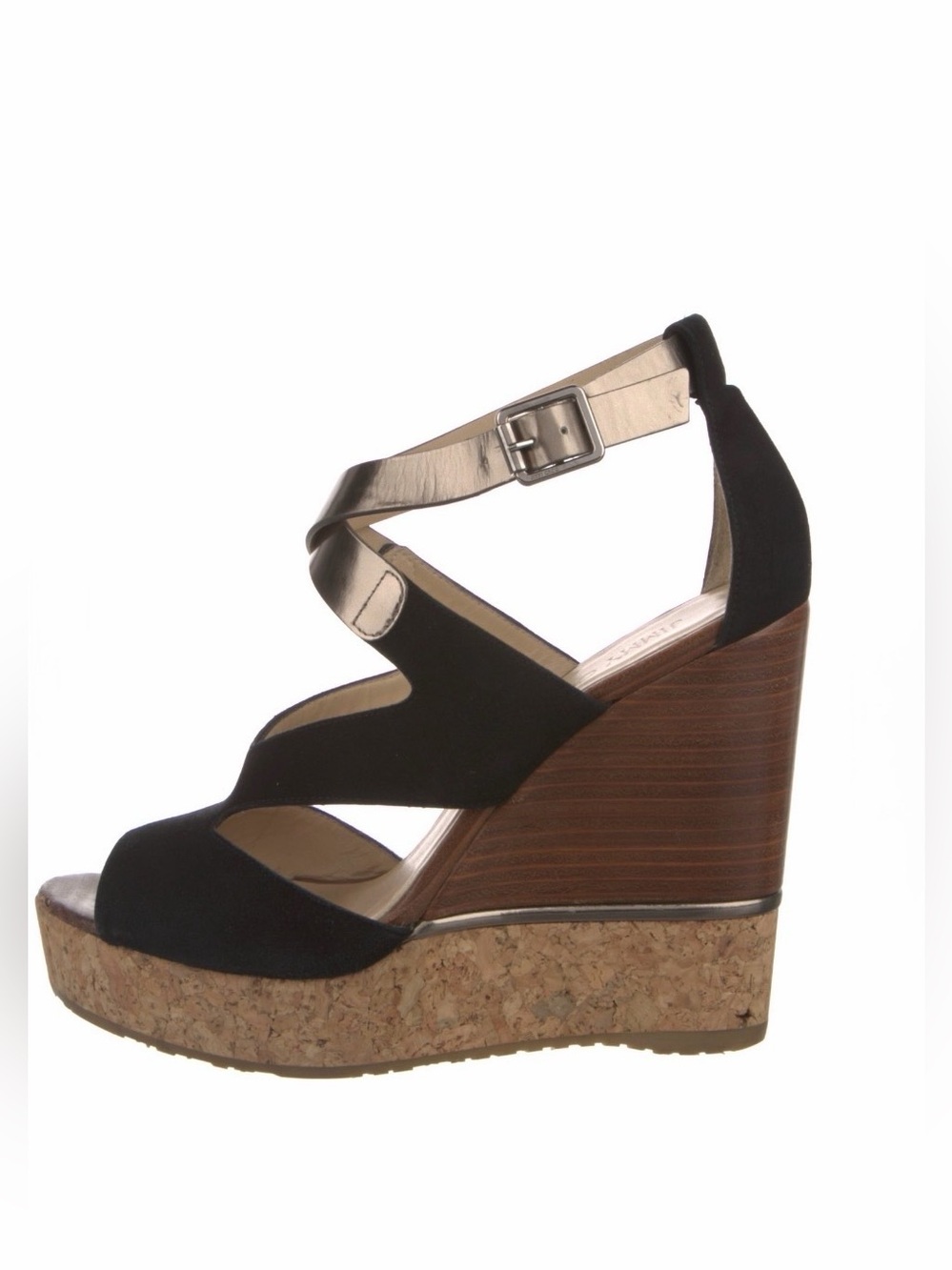 Jimmy Choo Black Suede Platform Wedge Sandals with metallic straps